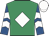 Emerald green, white diamond, royal blue and white chevrons on sleeves, white cap