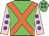 green, orange cross belts, blue spots on pink sleeves, blue spots on green cap
