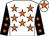 White, orange stars, black sleeves, orange stars, white cap, orange star