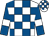 White and royal blue check, royal blue sleeves, white armlets