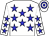 White body, blue stars, white arms, blue stars, white cap, blue hooped