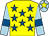 Yellow, royal blue stars, light blue sleeves, royal blue armlets, light blue cap, yellow star