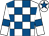 White and royal blue check, white sleeves, royal blue armlets and star on cap