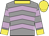 Grey, lilac chevrons, hooped sleeves, yellow collar, cuffs and cap