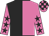 Black and hot pink halved vertically, hot pink sleeves, black stars, checked cap