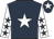 Dark blue, white star, white sleeves, dark blue stars, dark blue cap, white star