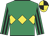 Emerald green, yellow triple diamond, emerald green and black striped sleeves, yellow and black quartered cap