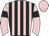 Pink, black stripes, pink sleeves, black armlets, pink cap