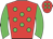 Red, lime green spots, sleeves and spots on cap