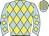 Light blue, yellow diamonds, light blue sleeves, yellow diamonds, striped cap