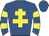 Royal blue, yellow cross of lorraine, yellow hoops on sleeves