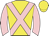 Yellow, pink crossed sashes and sleeves, yellow cap