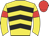 Yellow, black chevrons, yellow sleeves, red armbands and cap