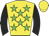 Yellow, green stars, black sleeves, yellow cap