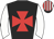 Black, red maltese cross, white sleeves, white and red striped cap, black peak