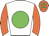 White, green spot, orange sleeves and cap, green spots
