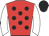Red, black spots, white sleeves, black cap