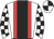White, red braces, black stripe, white and black checked  sleeves, quartered cap
