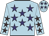 Light blue, purple stars, light blue arms, brown stars, light blue cap, purple stars