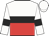 white and red halved horizontally, black hoop, white sleeves, black armlets, white cap