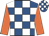 Royal blue and white check, orange sleeves