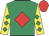 Emerald green, red diamond, yellow sleeves, emerald green diamonds, red cap