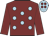 Maroon, light blue spots, maroon sleeves, light blue cap, maroon spots
