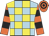 Light blue and yellow check, orange and black hooped sleeves and cap