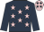 Dark blue, pink stars, dark blue sleeves, pink cap, dark blue stars