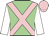 Light green, pink crossed sashes, white sleeves, pink cap