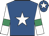 Royal blue, white star, white sleeves, emerald green armlets, royal blue cap, white star