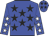 Bright blue, black stars, bright blue sleeves, white stars, bright blue cap, black stars