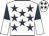 White, dark blue stars, dark blue and white halved sleeves