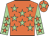 Orange, light green stars, light green sleeves, orange stars, orange cap, light green star