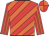 red and orange diagonal stripes, striped sleeves, quartered cap