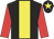 Black body, yellow stripe, red arms, black cap, yellow star