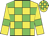 Yellow body, green checked, yellow arms, green armlets, yellow cap, green checked