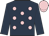 Dark blue, pink spots, dark blue sleeves, pink cap