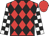 red, black diamonds, black and white checked sleeves, red cap