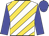 White, gold diagonal stripes, blue sleeves and cap