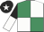 Emerald green and white (quartered), black and white halved sleeves, black cap, white star