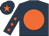 Dark blue, orange disc, dark blue sleeves, orange stars, dark blue cap, orange star