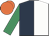 Dark blue and white (halved), emerald green sleeves, orange cap