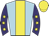 Light blue, yellow stripe, purple sleeves, yellow stars, yellow cap