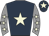 Dark blue, beige star, grey sleeves, beige stars, dark blue cap, beige star