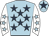 Light blue, dark blue stars, white sleeves, light blue stars, light blue cap, dark blue star