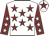 White, maroon stars, maroon sleeves, white stars, white cap, maroon star
