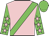 pink, green sash, green sleeves,  pink stars, green cap