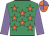 Emerald green, orange stars, mauve sleeves, orange and mauve quartered cap