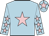 Light blue, pink star, light blue sleeves, pink stars, light blue cap, pink star